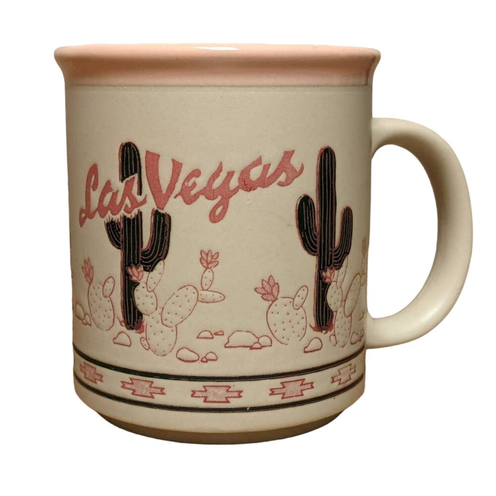 Las Vegas Vintage Pink Saguaro Cactus Coffee Mug Butterfly Symbol Glaze Inlay